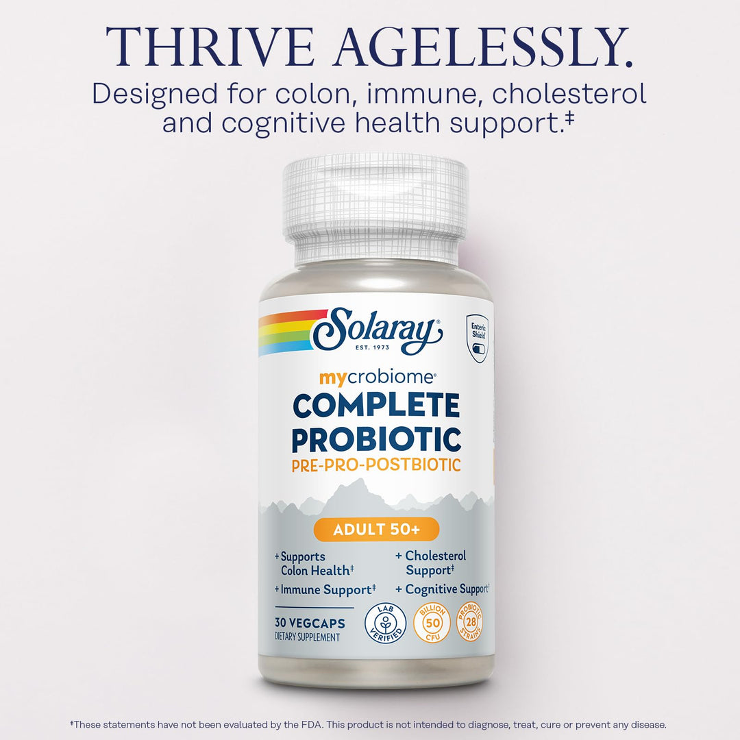 SOLARAY Mycrobiome Complete Probiotic Adult 50 Plus - Pre and Probiotics for Women and Men Plus Postbiotic - 50 Billion CFU, 28 Strains - Vegan - 30 Servings, 30 VegCaps