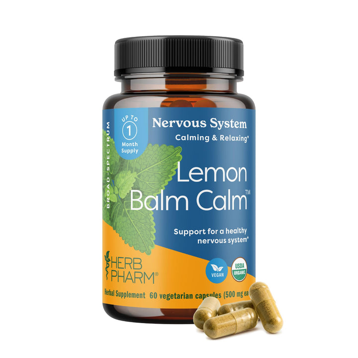 Herb Pharm Lemon Balm Calm Capsules: Calming Nervous System Support, Certified Organic Capsules with Lemon Balm Leaf Extract, Melatonin Free Relaxing Supplement, Vegan, 30 Day Supply, 60 Capsules