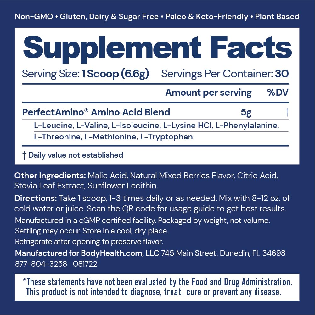 BodyHealth PerfectAmino Powder - BCAA and EAA Powder for Pre and Post Workout - Amino Acid Energy Drink for Men and Women to Support Lean Muscle and Recovery - Strawberry - 60 Servings