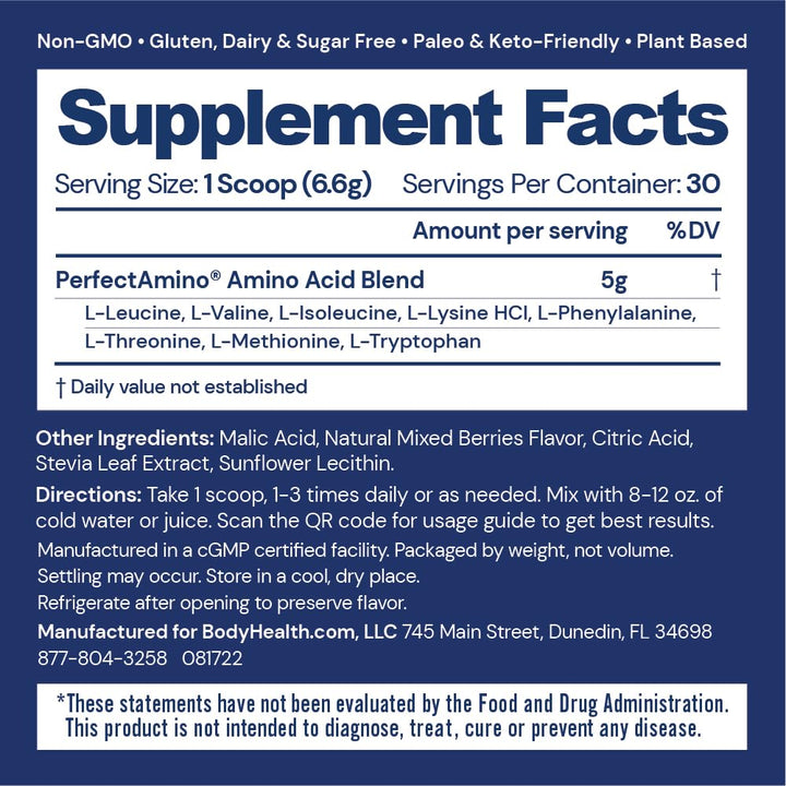 BodyHealth PerfectAmino Powder - BCAA and EAA Powder for Pre and Post Workout - Amino Acid Energy Drink for Men and Women to Support Lean Muscle and Recovery - Strawberry - 60 Servings