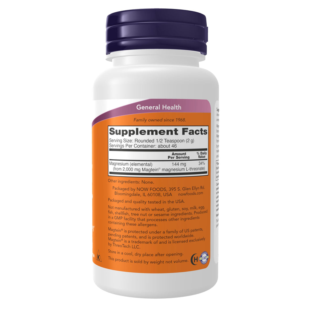 Now Supplements, Magtein® with Patented Form of Magnesium (Mg), Cognitive Support*, Powder, 3.2 oz