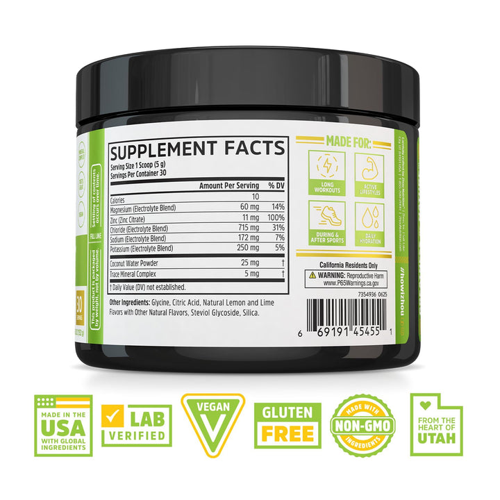 ZHOU Hydro-Fuel - Electrolytes Powder, Sugar Free Hydration Drink Mix w/Magnesium, Zinc, Potassium &amp; Sodium, Nutrients, Minerals &amp; Coconut Water Extract, No Sugar - Lemon Lime, 5.36 oz (30 Servings)