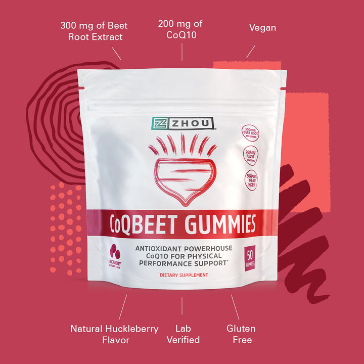 ZHOU CoQBeet Gummies - Beet Root Gummies for Men &amp; Women, Heart Health &amp; Cellular Energy Support Supplement, 300 mg Beetroot &amp; 200 mg CoQ10, Vegan, Gluten Free, Natural Huckleberry Flavor - 50 Count