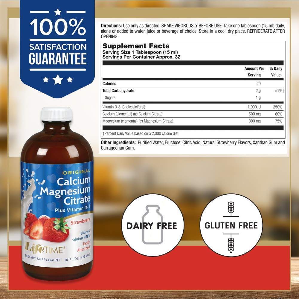 LifeTime Vitamins - Liquid Calcium Magnesium Supplement for Women &amp; Men, with Vitamin D, Muscle and Bone Health Support with Magnesium &amp; Calcium Citrate - Natural Strawberry Flavor, 16 fl oz