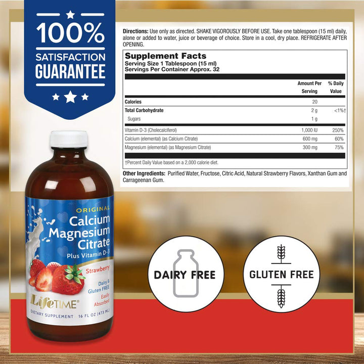 LifeTime Vitamins - Liquid Calcium Magnesium Supplement for Women &amp; Men, with Vitamin D, Muscle and Bone Health Support with Magnesium &amp; Calcium Citrate - Natural Strawberry Flavor, 16 fl oz