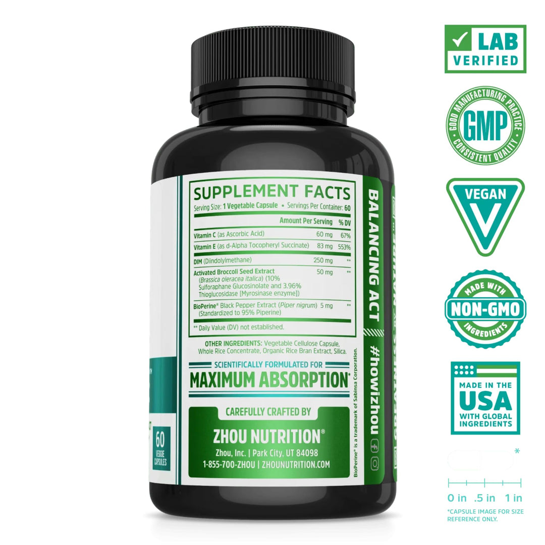 Zhou DIM Active - DIM Supplement, Hormone Balance for Women &amp; Men, Hormonal Support with 250mg Diindolylmethane - 60 Vegan Capsules