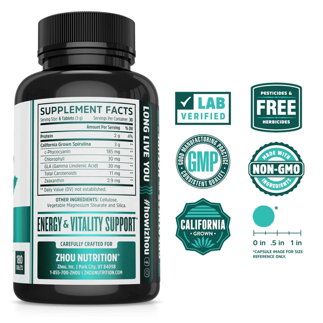Zhou Spirulina Tablets - Spirulina Pills, Greens Superfood Supplement with Chlorophyll &amp; Blue Spirulina Powder Cognitive &amp; Immune Support, Pure Premium Formula - 180 Tablets