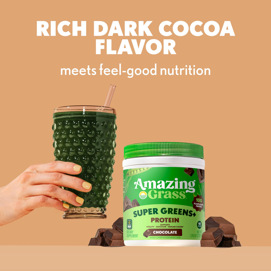 Amazing Grass Super Greens+ Protein Powder, Chocolate – 10g Plant-Based Protein, Supports Digestion &amp; Immune System, Organic Greens Blend, 10 Servings