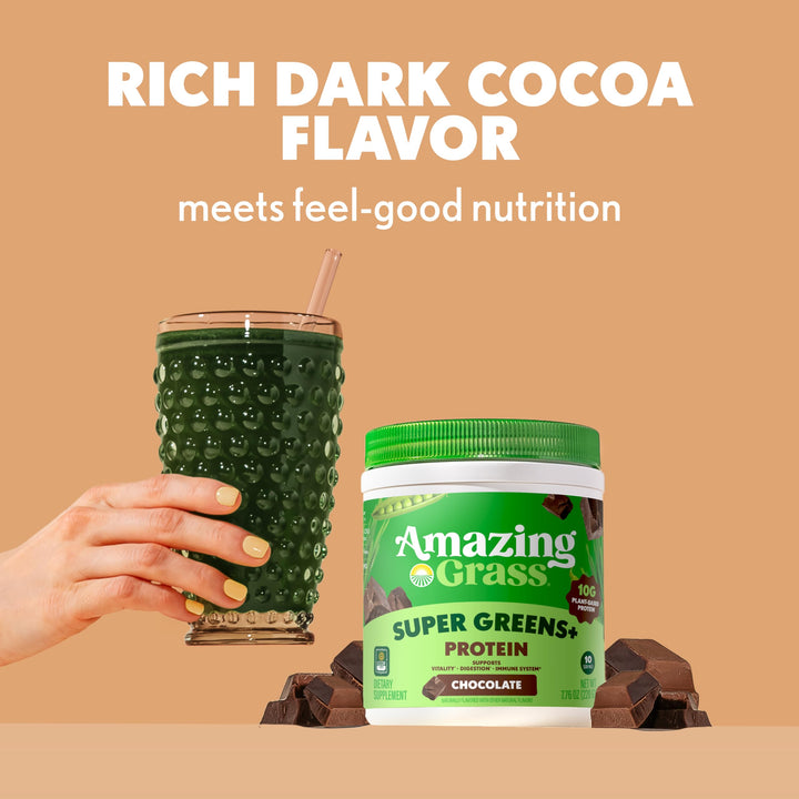 Amazing Grass Super Greens+ Protein Powder, Chocolate – 10g Plant-Based Protein, Supports Digestion &amp; Immune System, Organic Greens Blend, 10 Servings