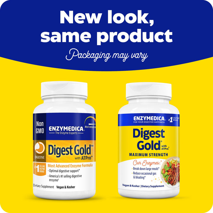 Enzymedica Digest Gold + ATPro, Maximum Strength Enzyme Formula, Prevents Bloating and Gas, 14 Key Enzymes Including Amylase, Protease, Lipase and Lactase, 180 Capsules