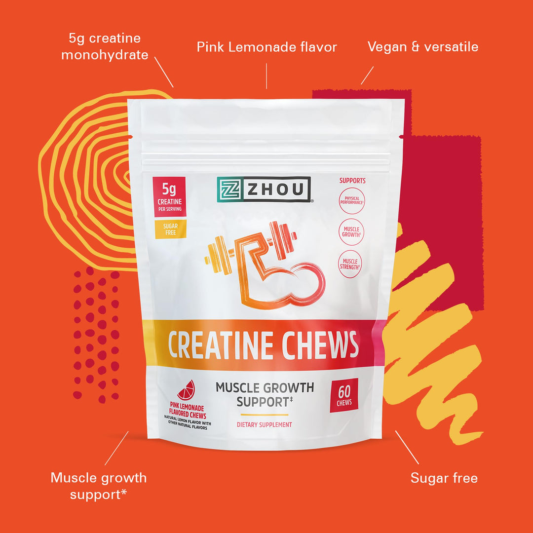 ZHOU Nutrition Creatine Monohydrate Chewables 5g for Men &amp; Women, Sugar Free, Organic, Non GMO, Pink Lemonade, 60 Creatine Gummies