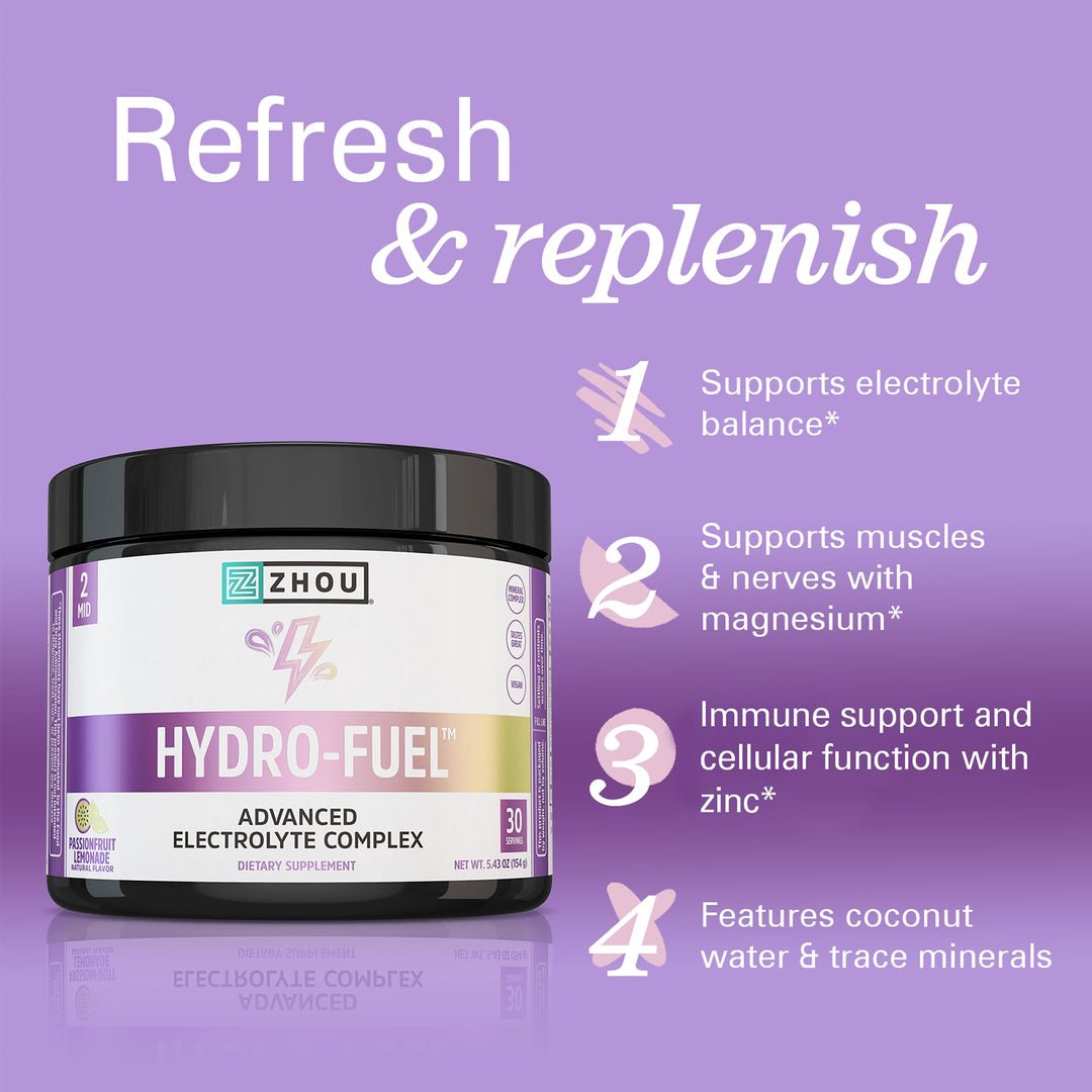 ZHOU Hydro-Fuel - Electrolytes Powder, Sugar Free Hydration Drink Mix w/Magnesium, Zinc, Potassium &amp; Sodium, Minerals &amp; Coconut Water Extract, No Sugar - Passionfruit Lemonade, 5.43 oz (30 Servings)
