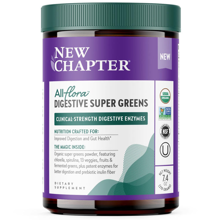 New Chapter All-Flora Digestive Super Greens Powder for Gut Health - Clinical-Strength Digestive Enzymes + USDA Organic Chlorella, Spirulina, Fermented Greens – Delicious &amp; 100% Vegan, 30 Servings