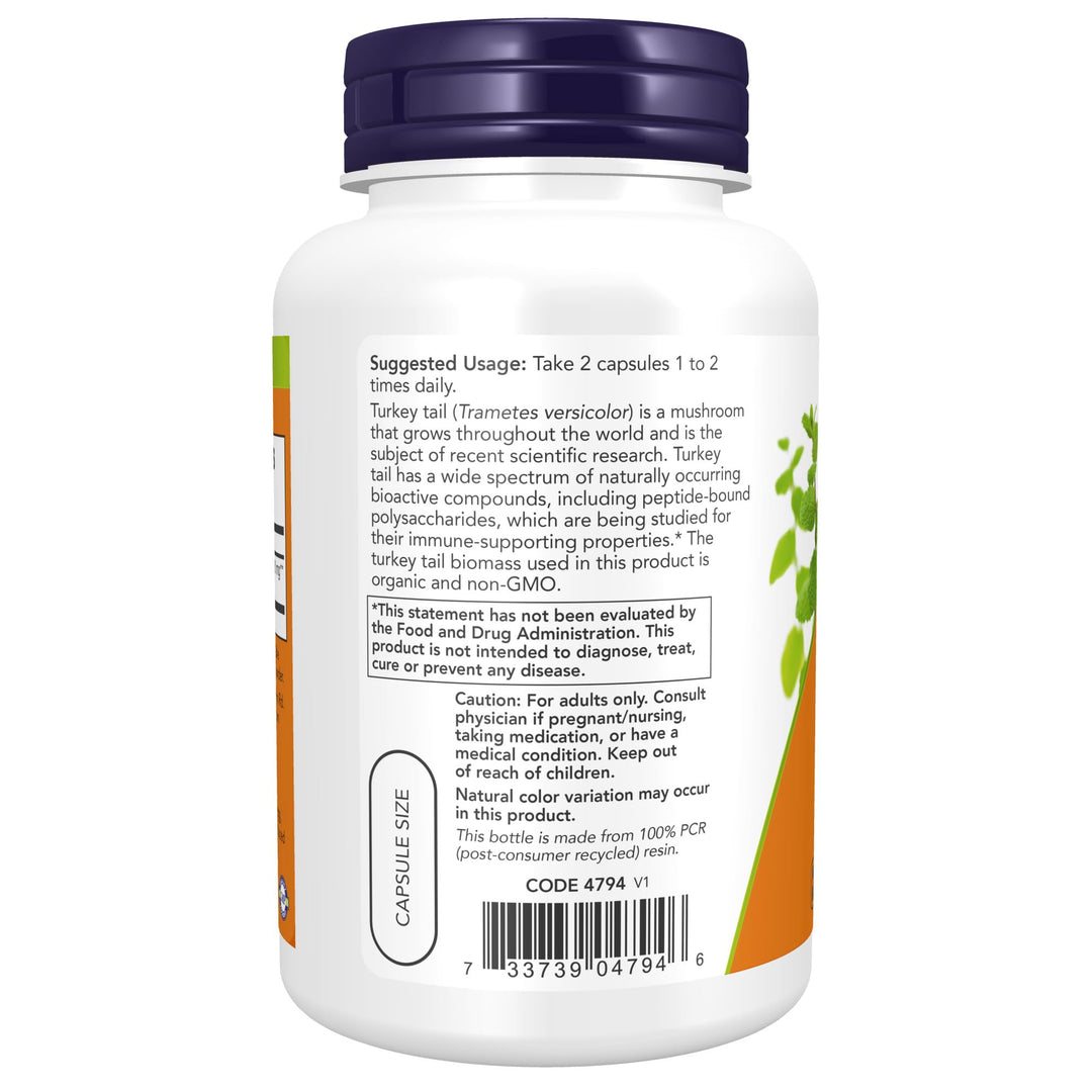 Now Foods Supplements, Turkey Tail 500 mg, Super Mushroom, Made with Organic Turkey Tail Mushroom and Mycelium, 90 Veg Capsules