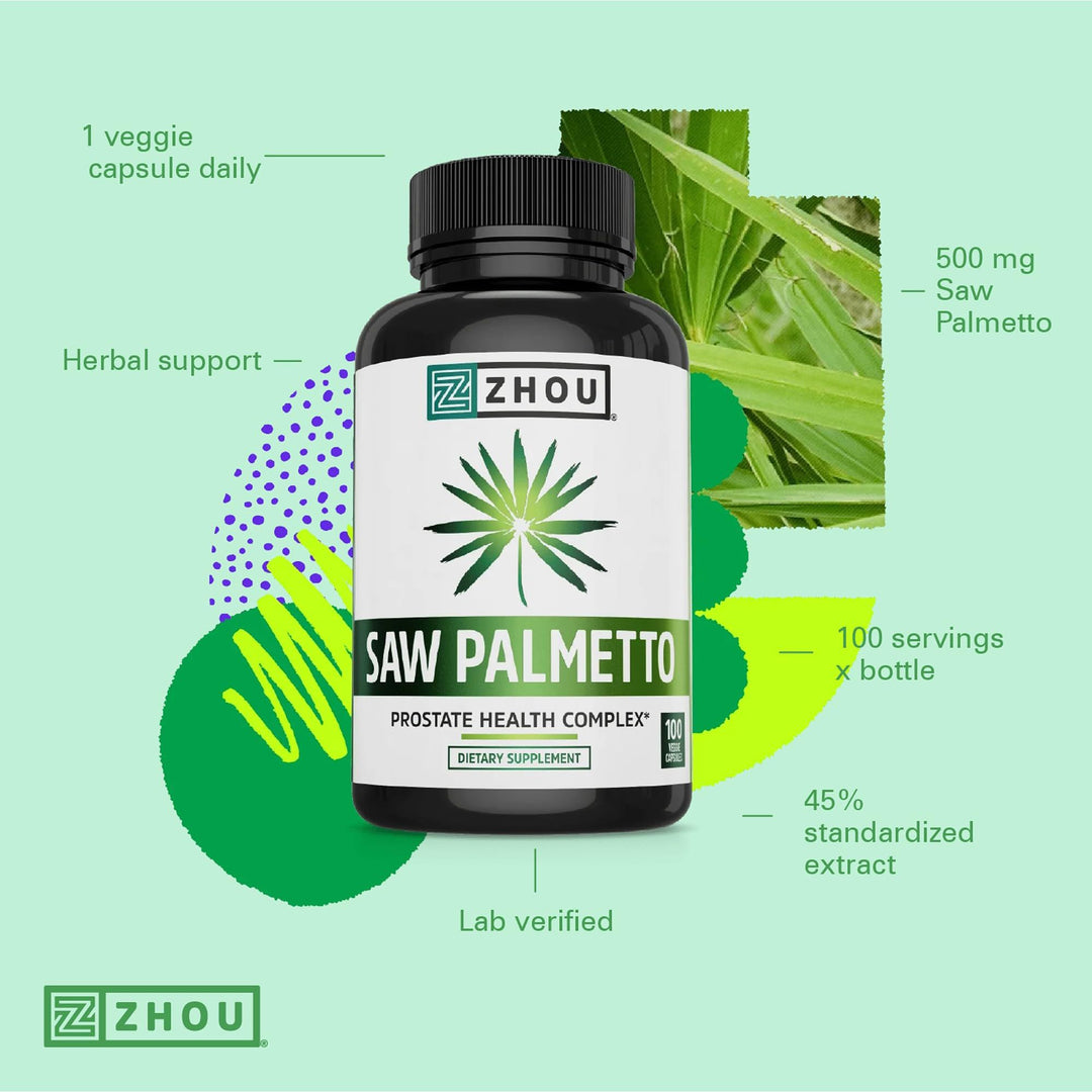 Zhou Saw Palmetto 500 mg | For Prostate Health | Healthy Urination Frequency &amp; Flow | 100 Capsules