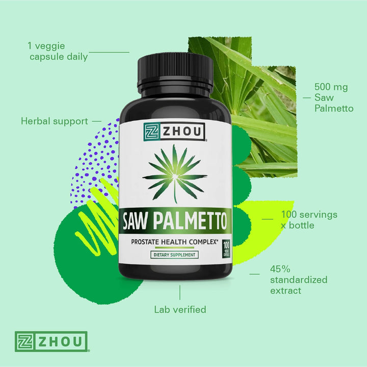Zhou Saw Palmetto 500 mg | For Prostate Health | Healthy Urination Frequency &amp; Flow | 100 Capsules