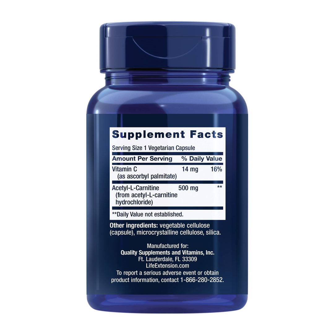 Life Extension Acetyl-L-Carnitine, Acetyl-L-Carnitine, Vitamin C, Brain, Mood &amp; Nerve Health, Cellular Energy, 3-Month Supply, Gluten-Free, Non-GMO, Vegetarian, 100 Capsules