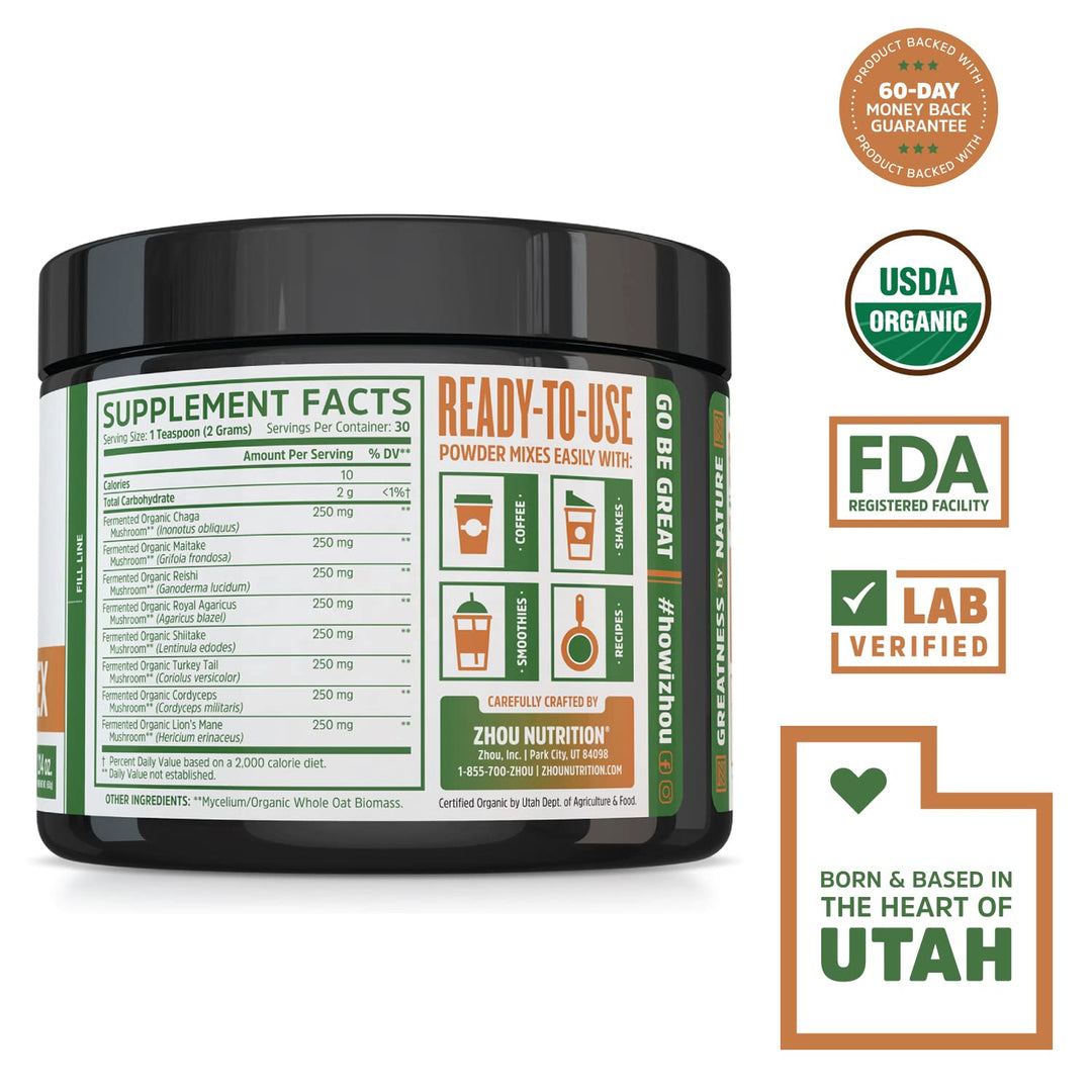 ZHOU Mushroom 8-Plex - Mushroom Supplement, Powder Blend, Coffee Alternative for Adults, Nootropic Complex for Health with Chaga, Lions Mane, Reishi &amp; Turkey Tail - 2.14oz (30 Servings)