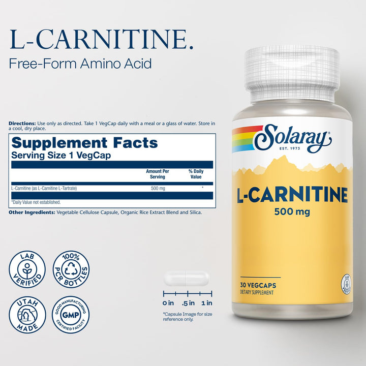 SOLARAY L-Carnitine 500 mg, Free Form Amino Acid, Lab Verified, GMP Facility, 60-Day Money-Back Guarantee, 30 Servings, 30 VegCaps