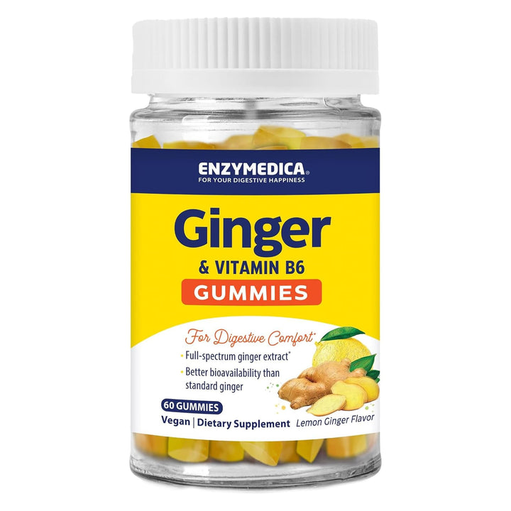 Enzymedica Ginger Root &amp; Vitamin B6 Gummies for Adults - Ginger &amp; VIT B6 Supplement Chews for Women &amp; Men, Support for Occasional Nausea, Helps Digestion, Vegan, Gluten Free - 60 Count