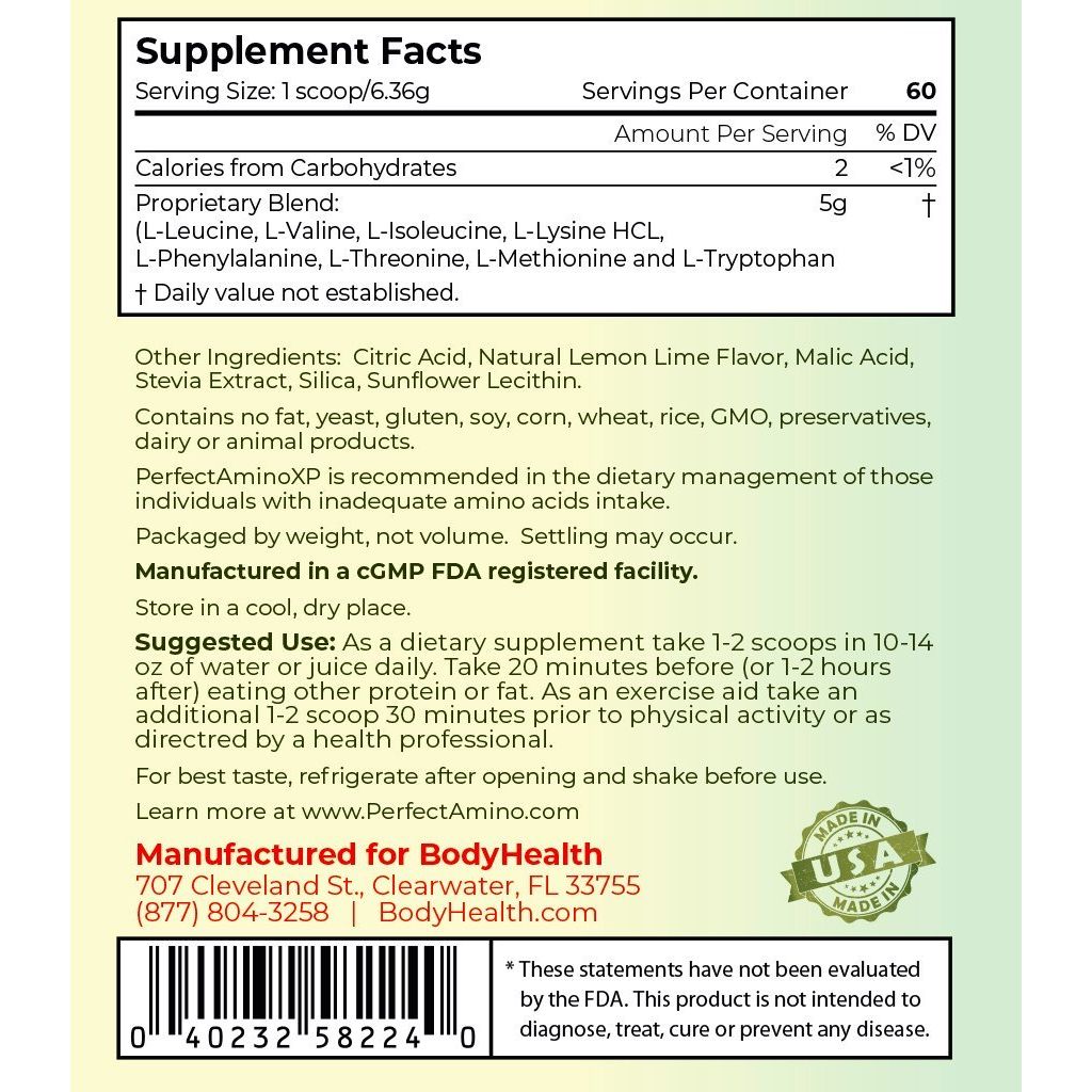 BodyHealth PerfectAmino XP Cool Lime (60 Servings) Best Pre/Post Workout Recovery Drink, 8 Essential Amino Acids Energy Supplement with 50% BCAAs, 100% Organic, 99% Utilization for Maximum Power