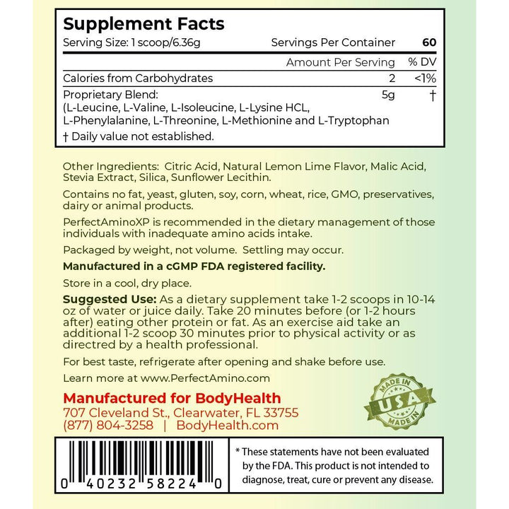 BodyHealth PerfectAmino XP Cool Lime (60 Servings) Best Pre/Post Workout Recovery Drink, 8 Essential Amino Acids Energy Supplement with 50% BCAAs, 100% Organic, 99% Utilization for Maximum Power