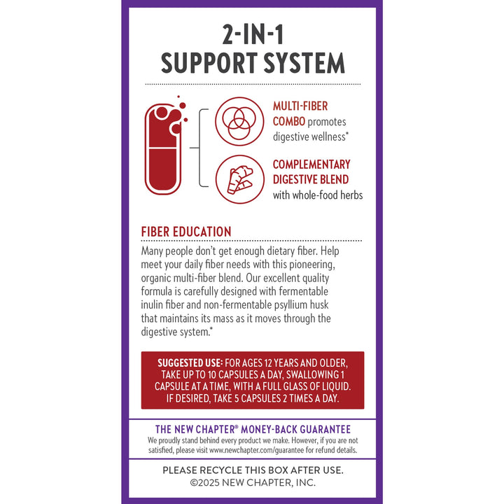 New Chapter All-Flora Multi-Fiber Supplement with Clinically Studied Prebiotic Inulin + Psyllium Husk for Digestion &amp; Gut Health, Good Source of Daily Fiber, USDA Organic, 100% Vegan, 120 Count
