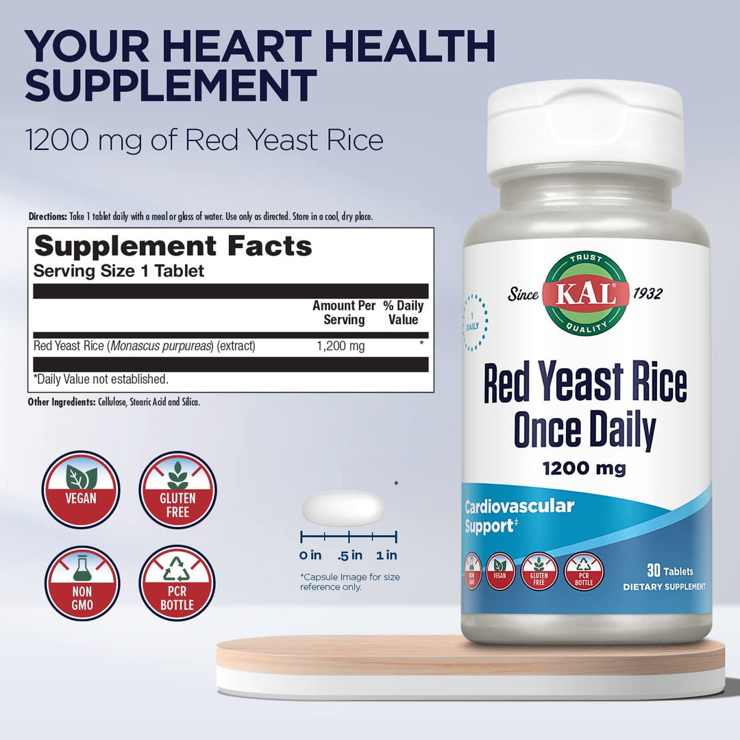 KAL Red Yeast Rice Once Daily 1200mg, Cardiovascular Support* Supplement with Naturally Occurring Unsaturated Fatty Acids, Amino Acids &amp; Phytonutrients, Vegan, Gluten Free, 30 Servings, 30 Tablets
