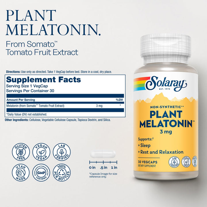 SOLARAY Plant Melatonin 3mg - Sleep Aid Supplement Made with Somato - Vegan, Non Synthetic, Nature-Derived Sleeping Pills Support - Gluten Free, Lab Verified - 30 Servings, 30 VegCaps