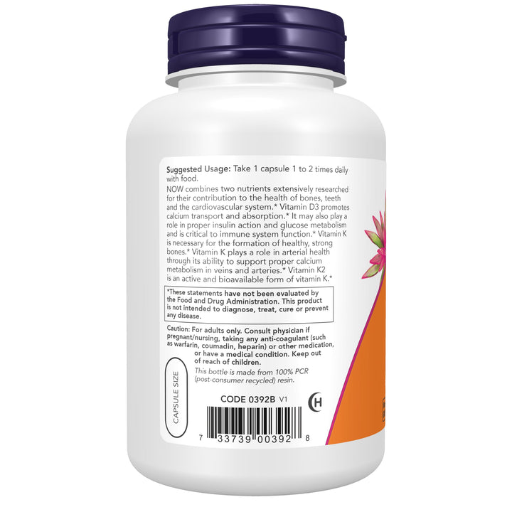 Now Supplements, Vitamin D3 &amp; K2, 1,000 IU/45 mcg, Plus Cardiovascular Support*, Supports Bone Health*, 240 Veg Capsules