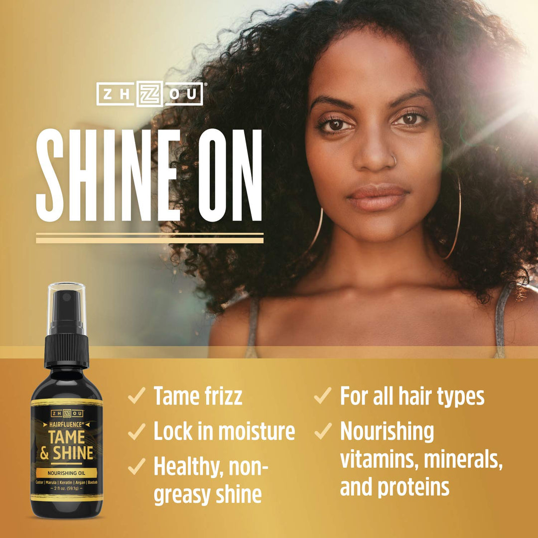 Zhou Hairfluence Tame &amp; Shine Hair Oil for Frizz-Free Healthy Shine | Scientifically Formulated Hair Oil Serum &amp; Detangler with Keratin, Biotin, Argan, Baobab, Marula, Castor Oils | 2 oz
