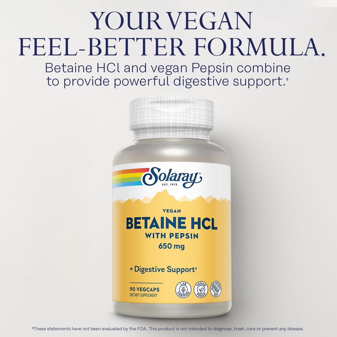 SOLARAY Vegan Betaine HCL with Pepsin - Hydrochloric Acid Supplement for Digestive Health - with Betaine Hydrochloride and Digestive Enzymes - Gut Health Support - 60-Day Guarantee, 90 VegCaps