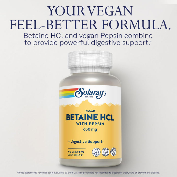SOLARAY Vegan Betaine HCL with Pepsin - Hydrochloric Acid Supplement for Digestive Health - with Betaine Hydrochloride and Digestive Enzymes - Gut Health Support - 60-Day Guarantee, 90 VegCaps