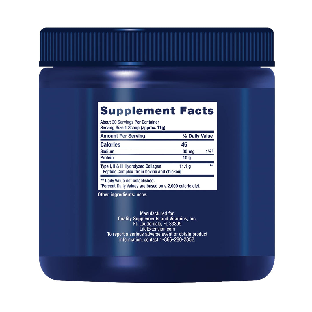 Life Extension Collagen Peptides for Skin &amp; Joints, Collagen Types I, II &amp; III in an Easy-Mix Powder, Gluten Free, Non-GMO, net Weight 343 Grams