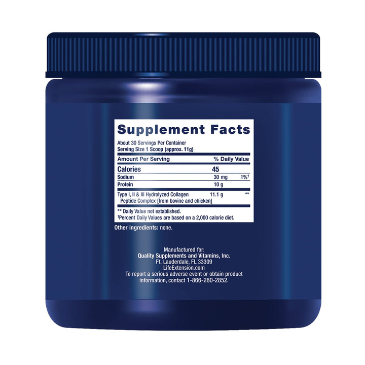 Life Extension Collagen Peptides for Skin &amp; Joints, Collagen Types I, II &amp; III in an Easy-Mix Powder, Gluten Free, Non-GMO, net Weight 343 Grams
