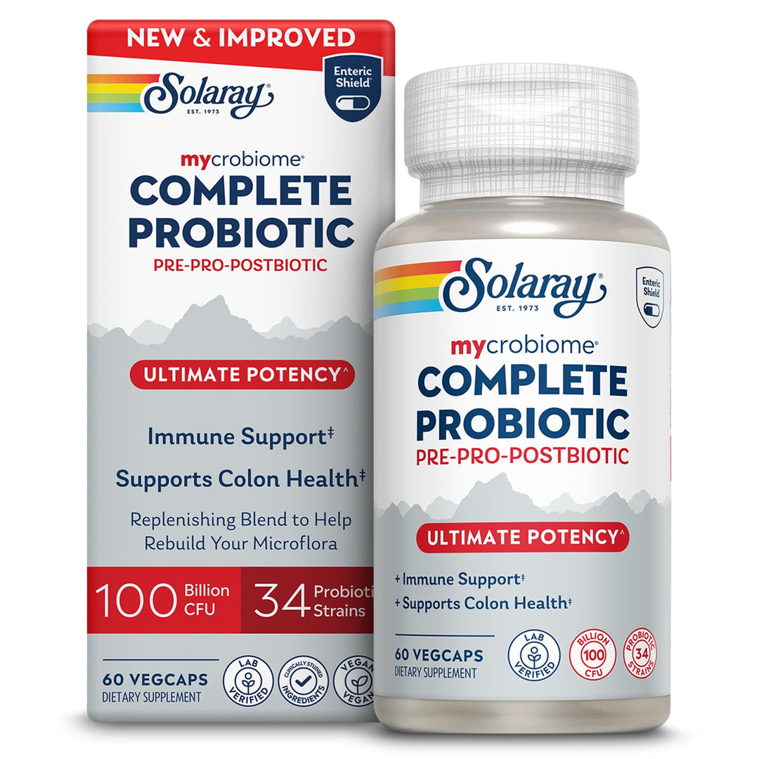 SOLARAY Mycrobiome Complete Probiotic Ultimate Potency - Pre and Probiotics for Women and Men Plus Postbiotic - 100 Billion CFU, 34 Strains - Vegan - 30 Servings, 60 VegCaps