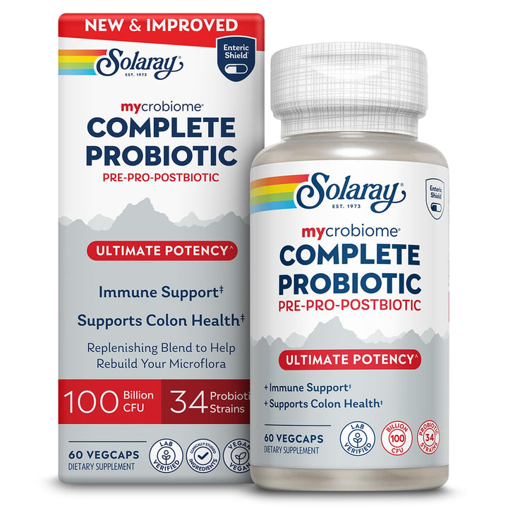 SOLARAY Mycrobiome Complete Probiotic Ultimate Potency - Pre and Probiotics for Women and Men Plus Postbiotic - 100 Billion CFU, 34 Strains - Vegan - 30 Servings, 60 VegCaps