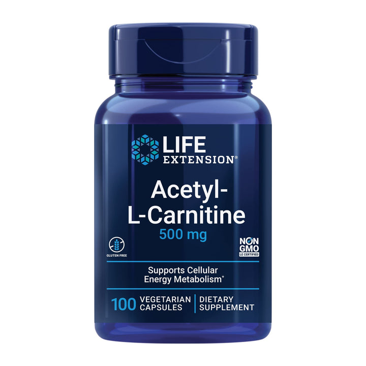 Life Extension Acetyl-L-Carnitine, Acetyl-L-Carnitine, Vitamin C, Brain, Mood &amp; Nerve Health, Cellular Energy, 3-Month Supply, Gluten-Free, Non-GMO, Vegetarian, 100 Capsules