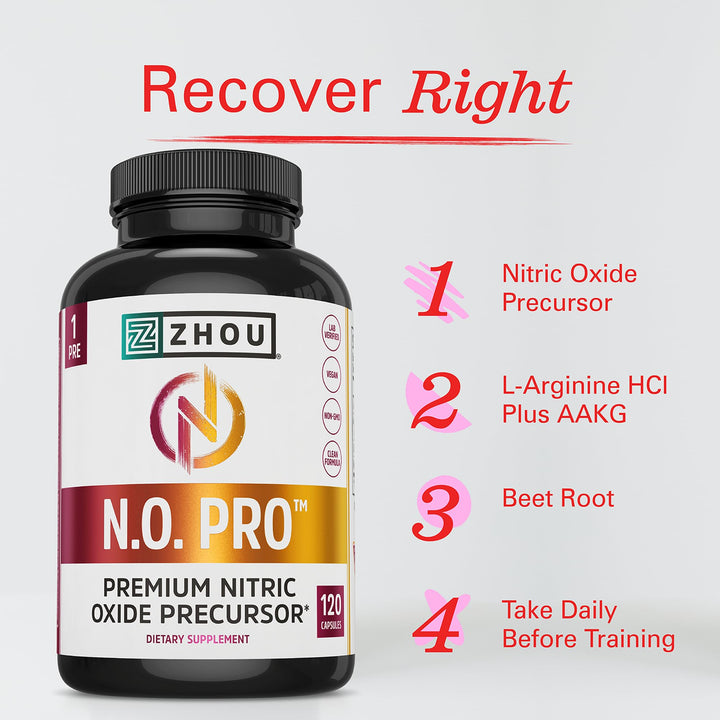 Zhou N.O. Pro - Premium Nitric Oxide Supplement for Men &amp; Women, Heart, Muscle &amp; Blood Support with Beet Root &amp; L Arginine, Natural Nitric Oxide Booster - 120 Veggie Capsules
