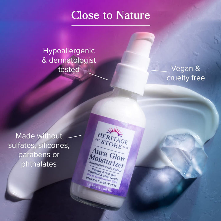 HERITAGE STORE Aura Glow Face Moisturizer for Dry Combination Skin - Gel Facial Moisturizer Brightens, Firms Skins Appearance, Adds Radiance w/Bakuchiol, Clear Quartz, Vegan, 60-Day Guarantee, 1.9oz