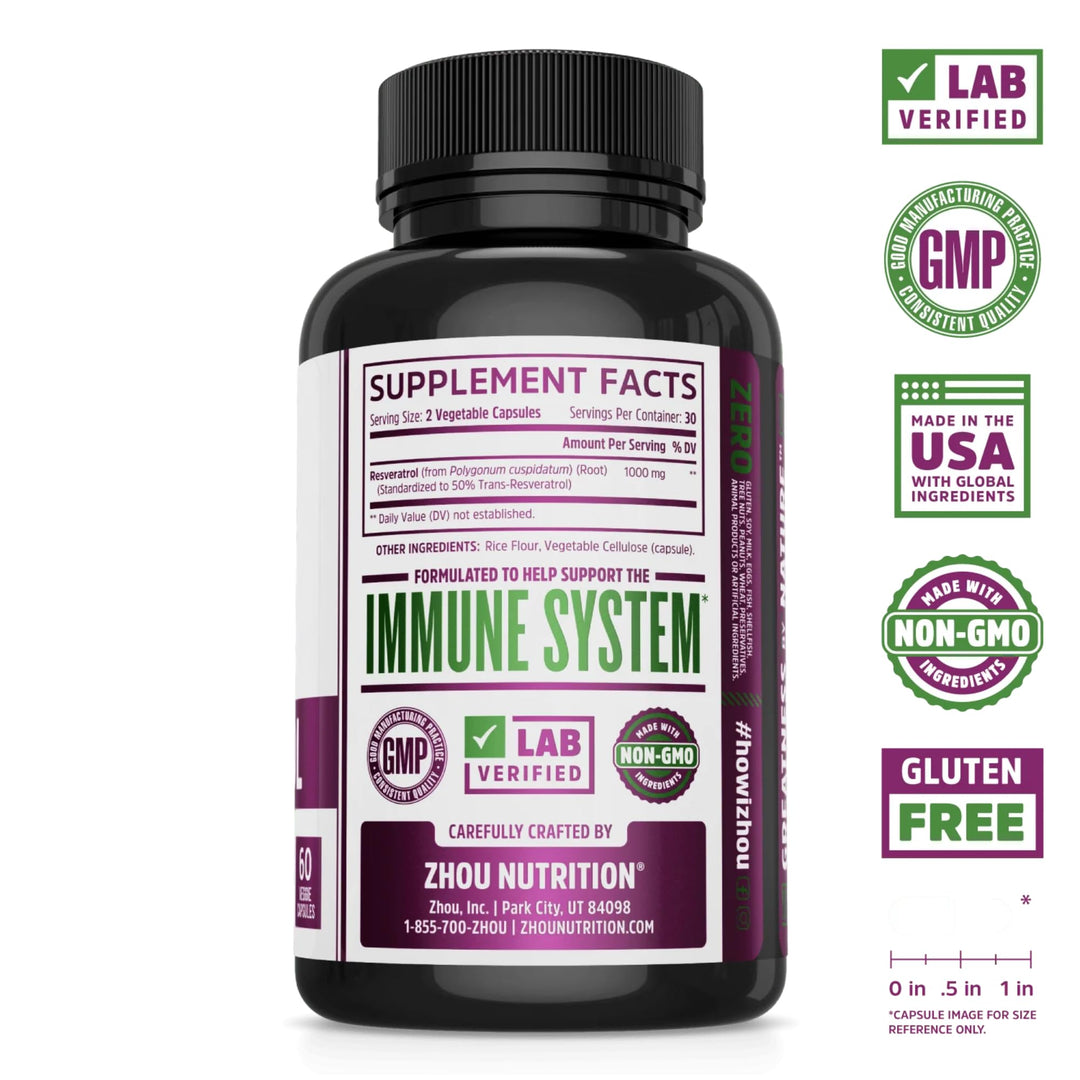 ZHOU Resveratrol - Resveratrol 1000mg Nutritional Supplement for Women &amp; Men, Pure Ultra Strength Heart Health and Antioxidant Support Formula - 60 Veggie Capsules