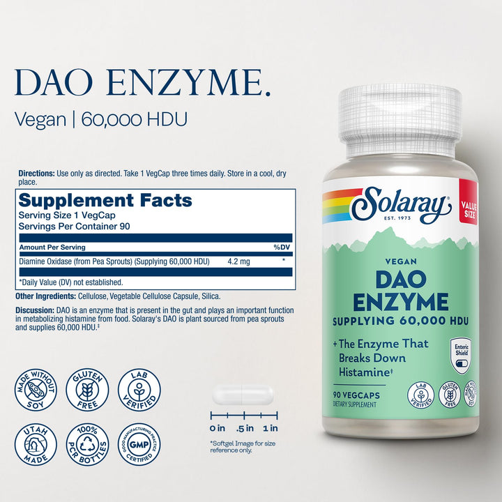 SOLARAY DAO Enzyme - Digestive Enzyme That Breaks Down Histamine - 60,000 HDU - Digestive Enzymes - Vegan, Gluten Free, Lab Verified - 90 Servings, 90 VegCaps