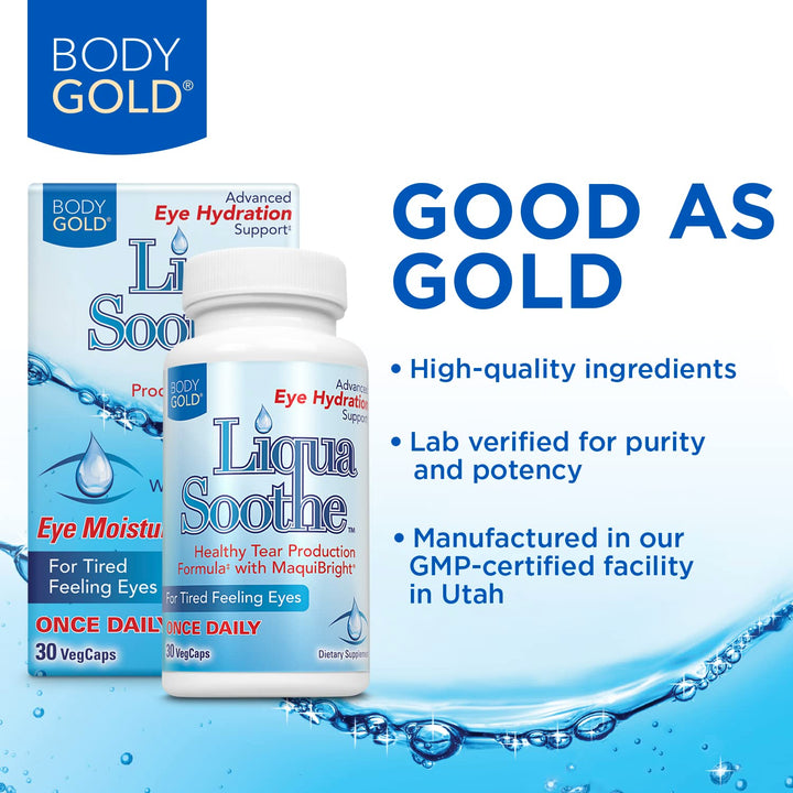 Body Gold Liqua Soothe Eye Health Supplement, Healthy Tear Production Formula for Dry, Tired Feeling Eyes, w/MaquiBright, Vitamin A, Lutein and Hyaluronic Acid, 60 Day Guarantee, 30 Serv, 30 VegCaps