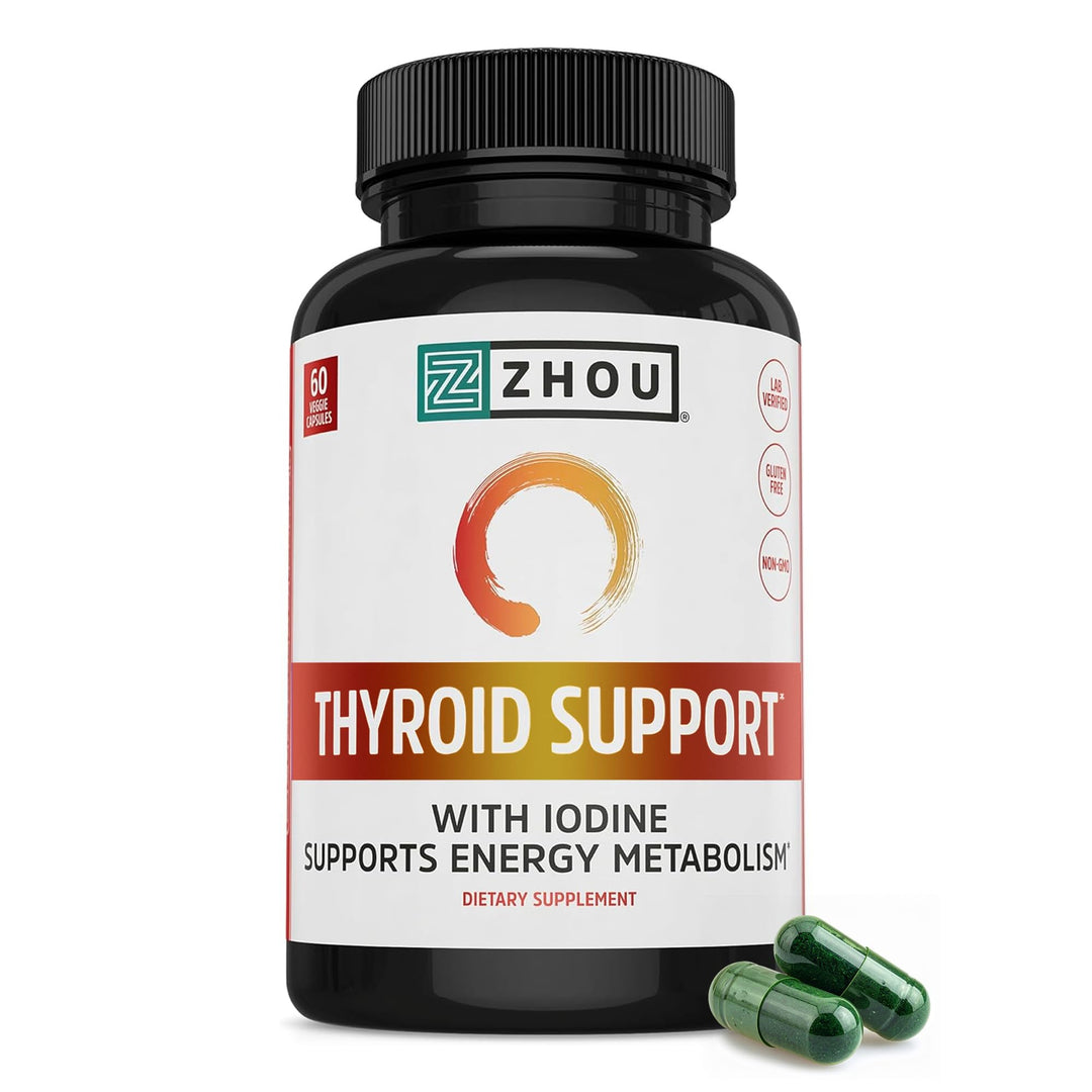 ZHOU Thyroid Support - Thyroid Supplement for Women &amp; Men with Zinc, Iodine, &amp; Selenium, Cellular Energy Thyroid Complex with Ashwagandha, Kelp - 60 Veggie Capsules (Pack of 1)