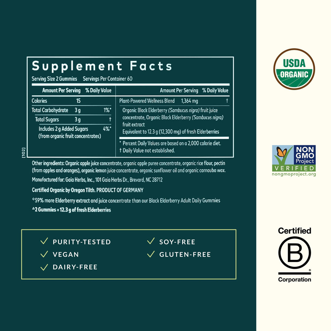 Gaia Herbs Black Elderberry (Sambucus nigra) Extra Strength Gummies - Delicious Immune Support Supplement* - Certified Organic Black Elderberries for Immune System Support* - 120 Gummies (60 Servings)