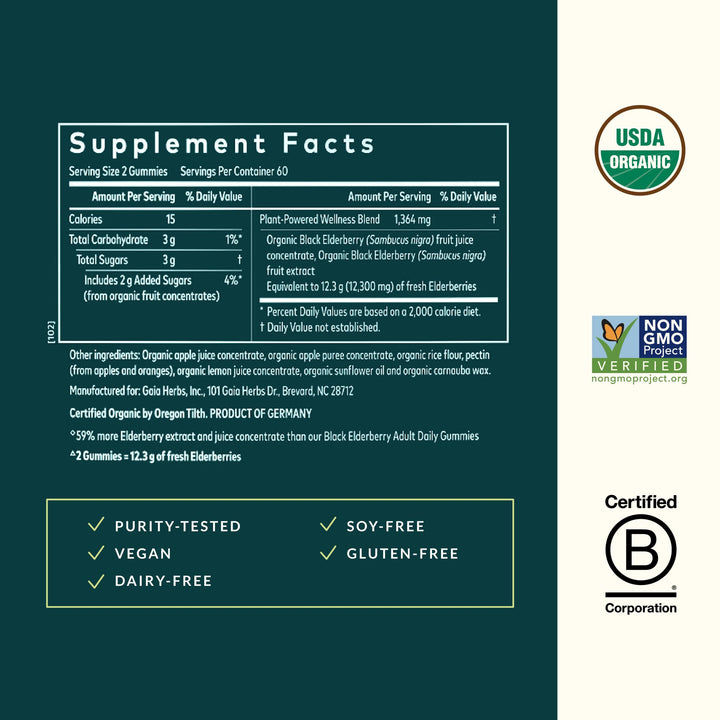 Gaia Herbs Black Elderberry (Sambucus nigra) Extra Strength Gummies - Delicious Immune Support Supplement* - Certified Organic Black Elderberries for Immune System Support* - 120 Gummies (60 Servings)