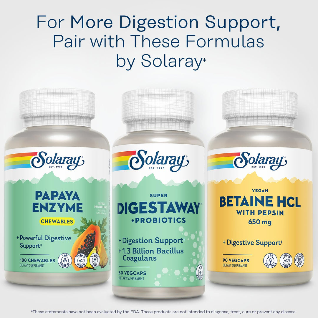 SOLARAY Papaya Enzymes Chewable Tablets - Digestive Enzymes for Powerful Digestive Support - with Papain and Bromelain - Natural Pineapple Flavor - Vegan, Gluten Free, 60-Day Guarantee, 180 Servings