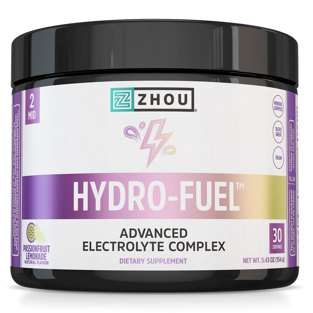 ZHOU Hydro-Fuel - Electrolytes Powder, Sugar Free Hydration Drink Mix w/Magnesium, Zinc, Potassium &amp; Sodium, Minerals &amp; Coconut Water Extract, No Sugar - Passionfruit Lemonade, 5.43 oz (30 Servings)