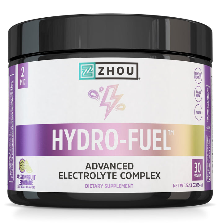 ZHOU Hydro-Fuel - Electrolytes Powder, Sugar Free Hydration Drink Mix w/Magnesium, Zinc, Potassium &amp; Sodium, Minerals &amp; Coconut Water Extract, No Sugar - Passionfruit Lemonade, 5.43 oz (30 Servings)