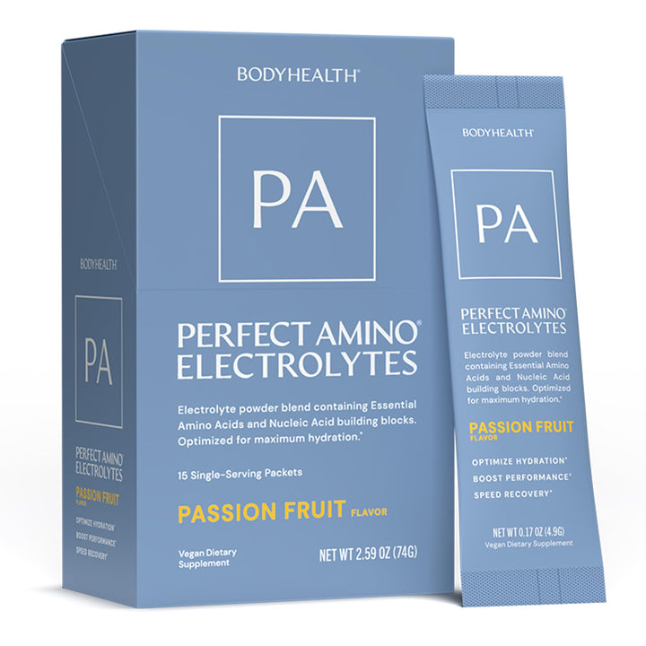 BodyHealth PerfectAmino Electrolyte Drink Mix – Passion Fruit – No Sugar, Keto &amp; Fasting Friendly, Hydration with Trace Minerals – Stick Packs